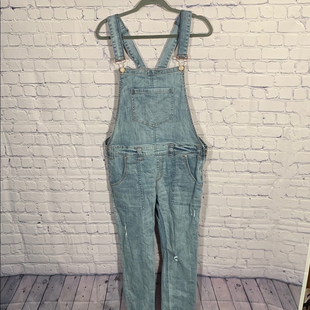 Rock & Roll Womens Denim Overalls Lightwash Distressing Size L Aztec Western